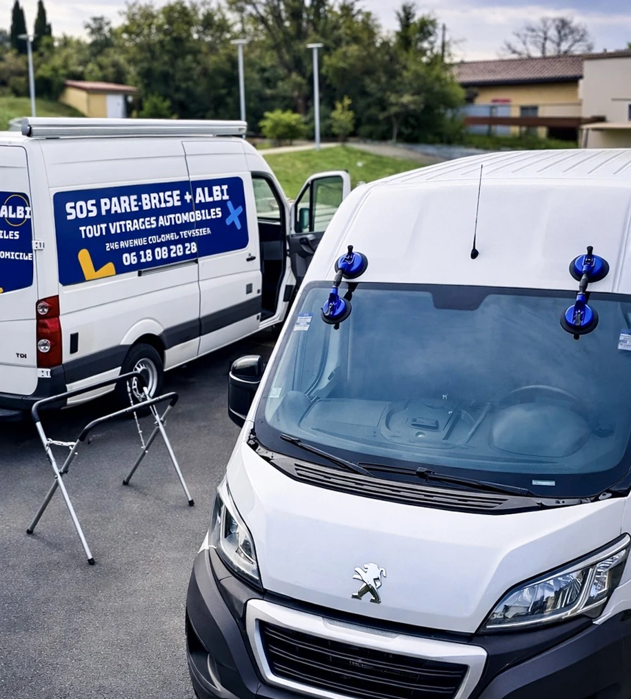 Atelier de r&eacute;paration automobile avec technicien installant un pare-brise sur v&eacute;hicule blanc